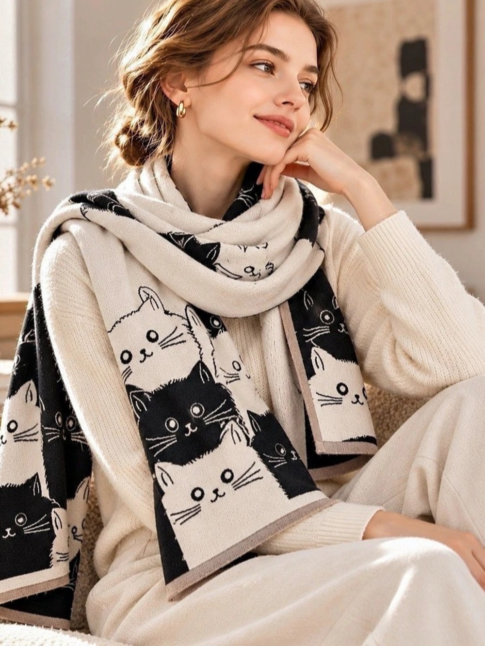 Cute Cat Reversible Scarf Women’s Black Cream Oversized Warm Winter Shawl Wrap